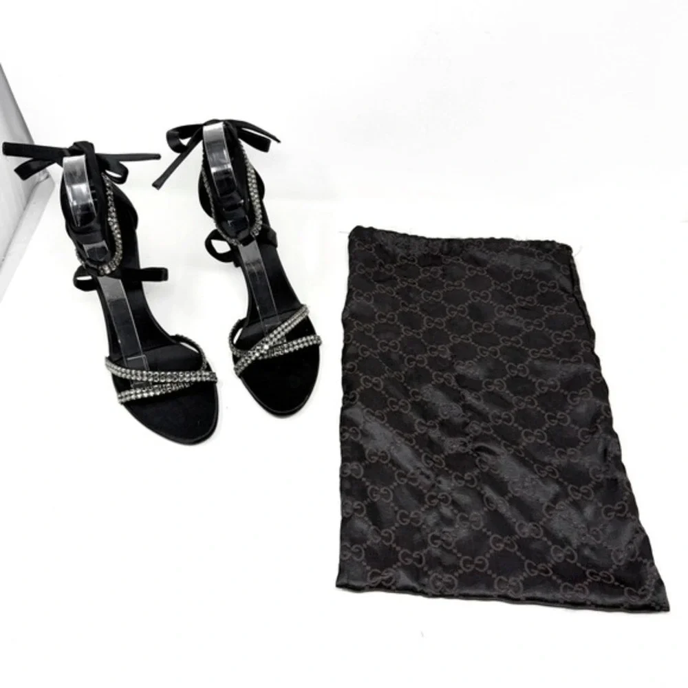 Gucci Black Satin Crystal Heels‎ Strappy Evening Shoes US 8.5